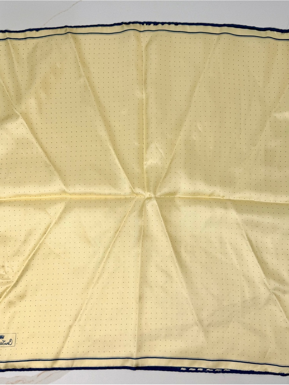 Countess Mara 100% Silk Yellow Polka Dot Pocket Square with Navy Trim - Picture 2 of 4